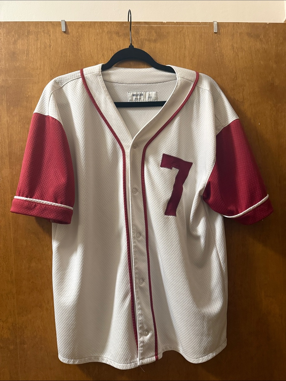 Hollister White and Red Baseball Jersey with Number 7 Patch